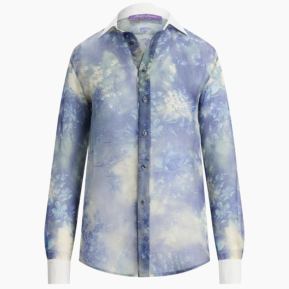 Ralph Lauren WOMEN'S NANCIE FLORAL SILK GAZAAR SHIRT IN BLUE 2 piece size 2 - Picture 1 of 4